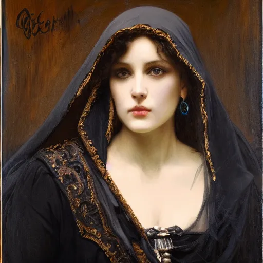 Image similar to portrait of a young women wearing a black cloak with a skull for a face, ultra realistic and highly detailed painting by gaston bussiere and j. c. leyendecker 8 k