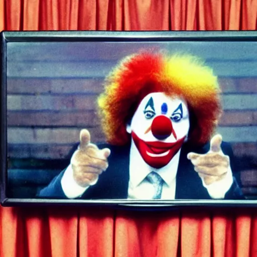 Image similar to photo of an 8 0's television with a president that has a clown face giving a speech