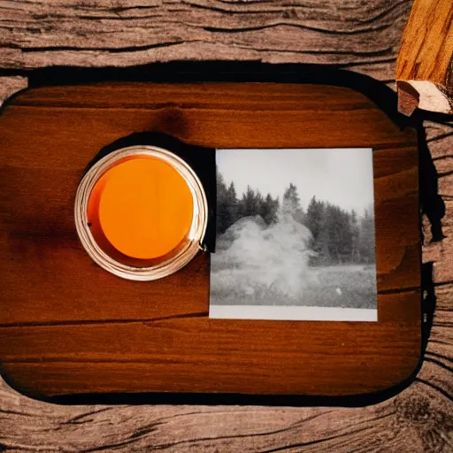 Prompt: analog photograph of a wooden tabletop with an ashtray, a glass of whiskey, scars in the wood, smoke, depth of field, pinup lighter, color bleed, old polaroid