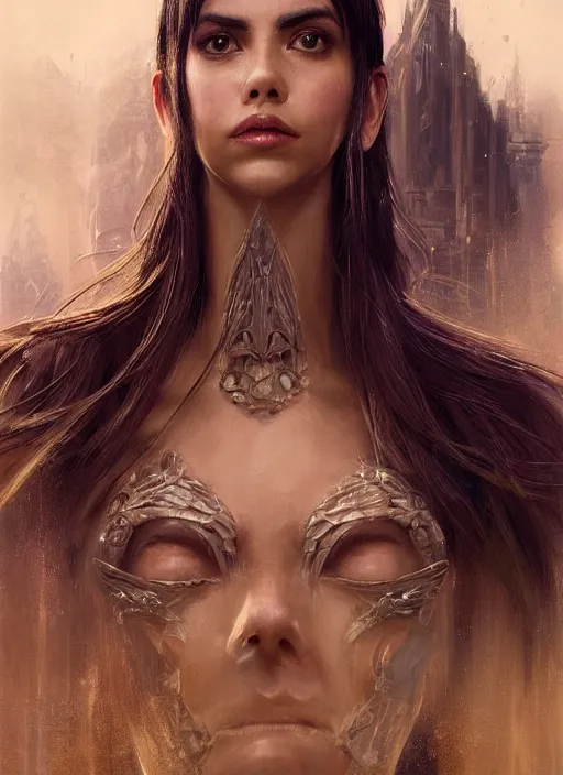 Image similar to a professional portrait of a beautiful young female, clothed in ethereal battle armor, olive skin, long dark hair, beautiful bone structure, symmetrical facial features, intricate, elegant, digital painting, concept art, smooth, sharp focus, finely detailed, illustration, from Valerian and the City of a Thousand Planets, in the style of Ruan Jia and Mandy Jurgens and Artgerm and Greg Rutkowski and William-Adolphe Bouguerea