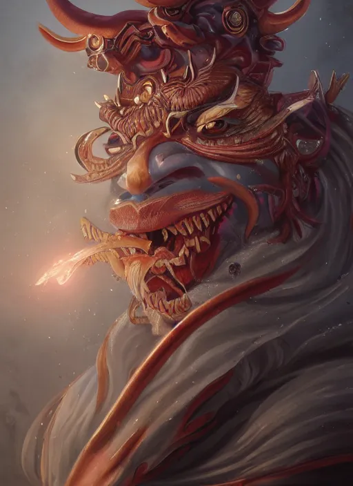 Prompt: a beautiful detailed oil on copper art illustration of a oni hannya mask shogun dragon woman, centered, by charlie bowater, zeng fanzh, trending on artstation, dim dusk lighting, cinematic lighting, detailed lighting, volumetric lighting, realistic, f 8, 4 k hd wallpaper