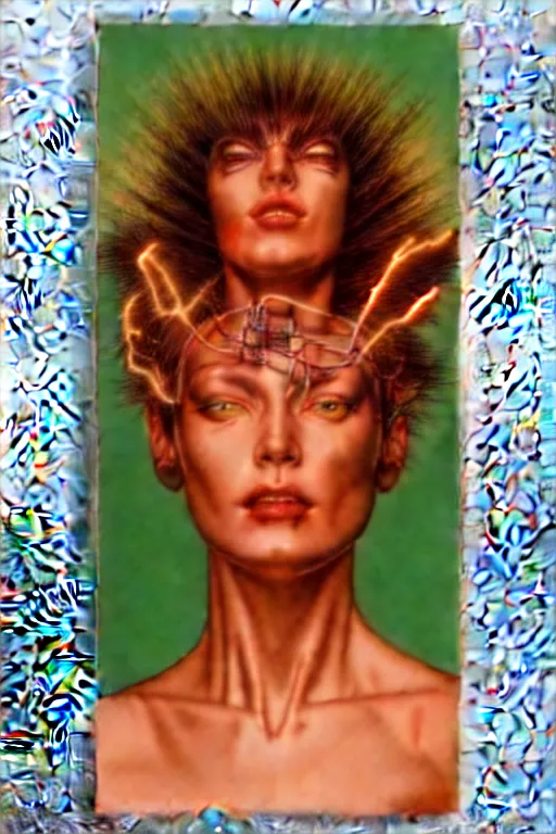 Image similar to cyborg head wrapped in plastic bags by Hajime Sorayama and Artemisia Gentileschi, centered, symmetrical, led, red, bilateral symmetry, third person, 70s poster, polished, lightning, retro dark vintage sci-fi, 2D matte illustration