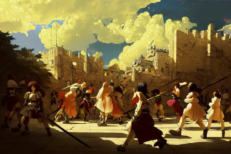 Image similar to baroque oil painting of key visual environment concept art of anime maids fighting a crusade in jerusalem, brutalist, dark fantasy, rule of thirds golden ratio, fake detail, trending pixiv fanbox, acrylic palette knife, style of makoto shinkai studio ghibli genshin impact jamie wyeth james gilleard greg rutkowski chiho aoshima