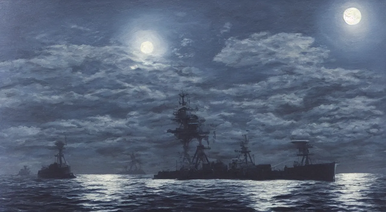 Prompt: Close up of battleship at night in the middle of the ocean, lit by the moon, oil painting