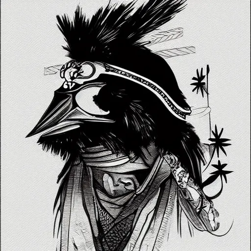 Image similar to a portrait of Black bird as samurai, detailed, editorial illustration, matte print, concept art, ink style sketch,