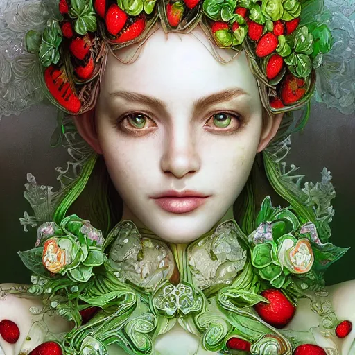 Image similar to the portrait of an absurdly beautiful, graceful, elegant, sensual woman made of strawberries and green petals, an ultrafine hyperdetailed illustration by kim jung gi, irakli nadar, intricate linework, bright colors, octopath traveler, final fantasy, angular, unreal engine 5 highly rendered, global illumination, radiant light, detailed and intricate environment