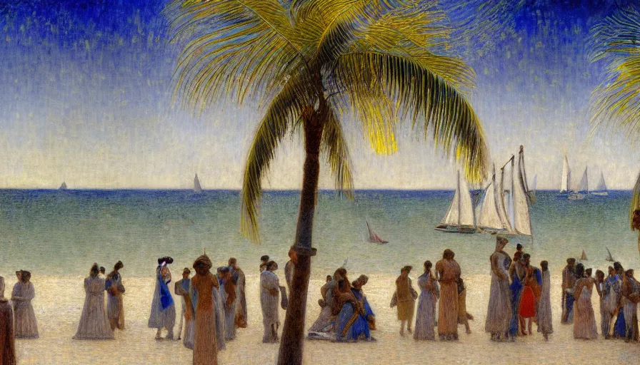 Image similar to a ultradetailed beautiful painting of the night sky of the amazonas palace balustrade designed by jules bastien - lepage, tarsila do amaral, frank weston and gustave baumann, beach, trending on artstation, mediterranean, palm trees, sharp focus, sail boats, soft light, 8 k 4 k