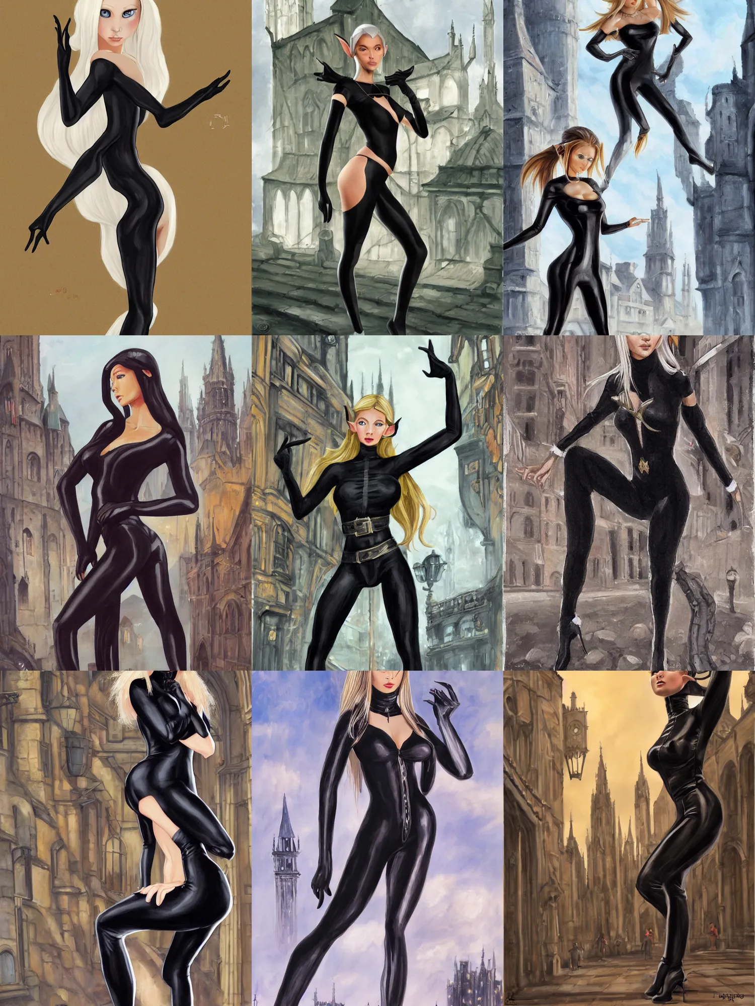 Prompt: picture of an elf lady, wearing a skintight black catsuit, waist - reaching ponytail, blonde, white skin, thin waist, medieval city background, acrylic painting, high fantasy