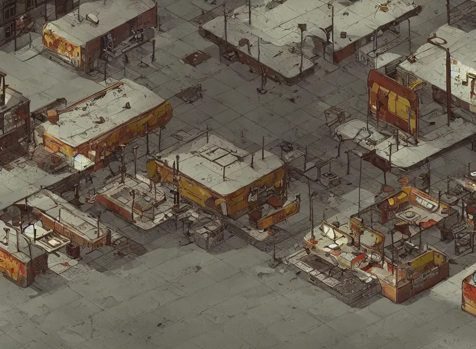 Prompt: Screenshot of abandoned rusty McDonald restaurant in Fallout 2 (1998), isometric perspective, postapocalyptic, bird's eye view, high quality