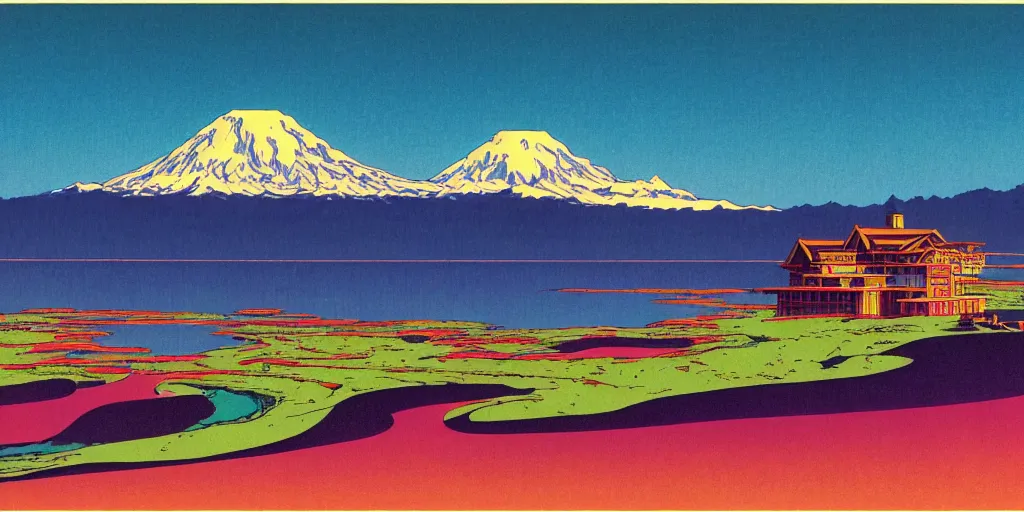 Image similar to seattle with mount rainier in the background, acid and dreaming psychedelic hallucinations, by kawase hasui, moebius and edward hopper, colorful flat surreal design, hd, 8 k, artstation