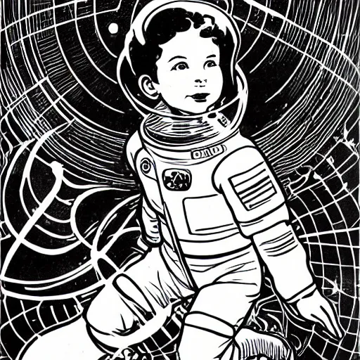 Image similar to clean simple line art of a little girl with wavy curly hair floating in space. she is an astronaut, wearing a space suit. white background. well composed, clean black and white line drawing, beautiful detailed face. illustration by steve ditko and jack kirby and alphonse mucha