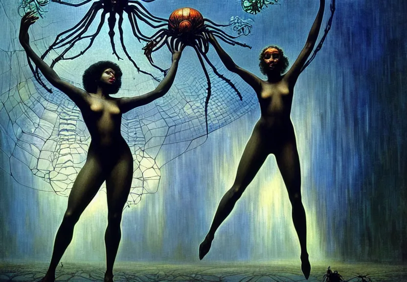 Image similar to realistic detailed portrait movie shot of a beautiful black woman in a transparent sheer suit raincoat dancing with a giant spider, futuristic sci fi landscape background by denis villeneuve, jean delville, monia merlo, ernst haeckel, alphonse mucha, max ernst, caravaggio, roger dean, sci fi necklace, masterpiece, dreamy, rich moody colours