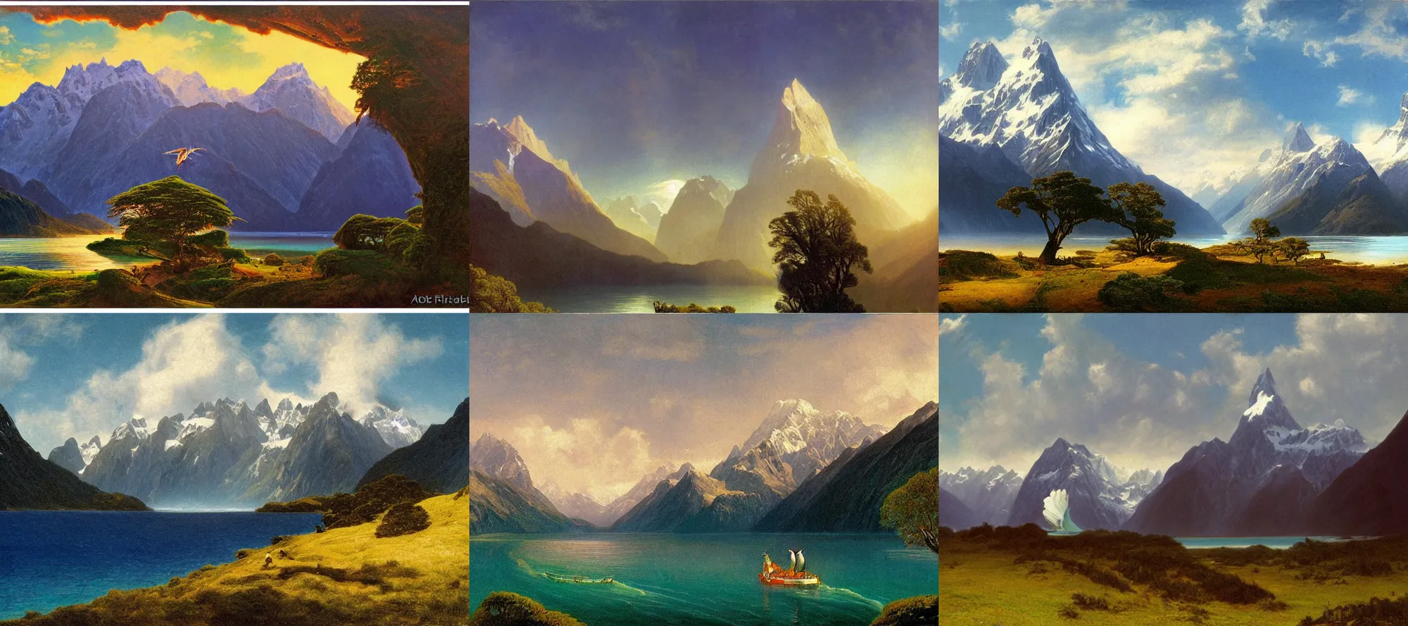 Prompt: fiordland national park in the style of dr. seuss, starships, painting by albert bierstadt