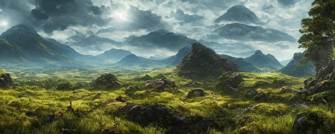 Prompt: ten suns in the sky positioned in the sun path, a magical lush highland landscape in the background with mountains far away, hypermaximalistic, high details, cinematic, 8k resolution, beautiful detailed, insanely intricate details, artstation trending, octane render, unreal engine