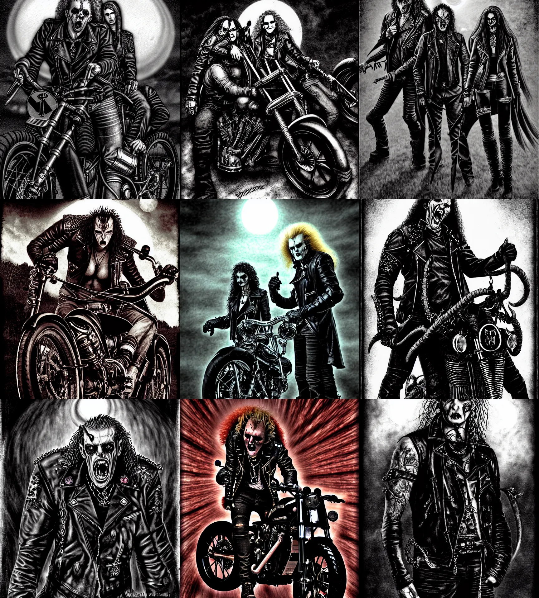 Prompt: photographic / photorealistic version of : biker vampires, gangrel, circle of the crone, illustration from a world of darkness vampire : the requiem source book ( by white wolf )