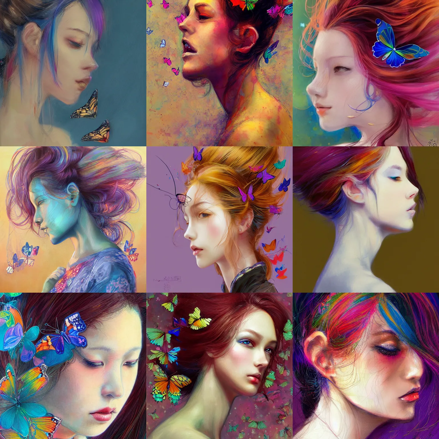 Prompt: A beautiful side portrait painting of a woman. Colorful butterflies emerge from her hair, covering almost all of her head. Art by Yoshitaka Amano, trending on Artstation.