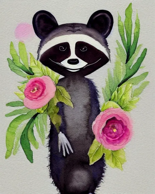 Image similar to a painting of a smiling anthropomorphic raccoon wearing a flower crown, a watercolor painting by annabel kidston, a storybook illustration, trending on pinterest, rococo, muted colors, soft colors, low saturation, smooth, made of flowers, watercolor, intricate, whimsical, white paper, minimalist, simple