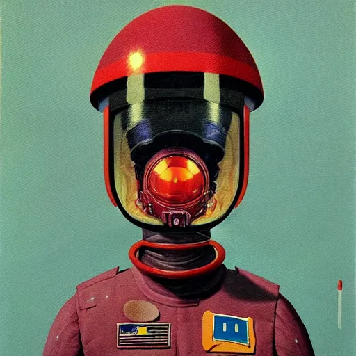 Prompt: Portrait of a Police astronaut wearing helmet in the style of James Gilleard, Zdzislaw Beksinski, Mark Ryden, Wolfgang Lettl highly detailed, hints of Yayoi Kasuma