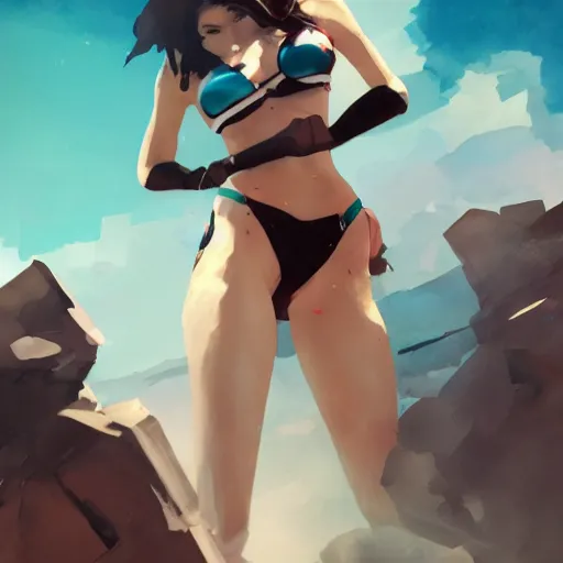 Prompt: tracer in bikini, cinematic lighting, dramatic atmosphere, artwork by dustin nguyen, akihiko yoshida, greg tocchini, greg rutkowski, cliff chiang, 4 k resolution, trending on artstation