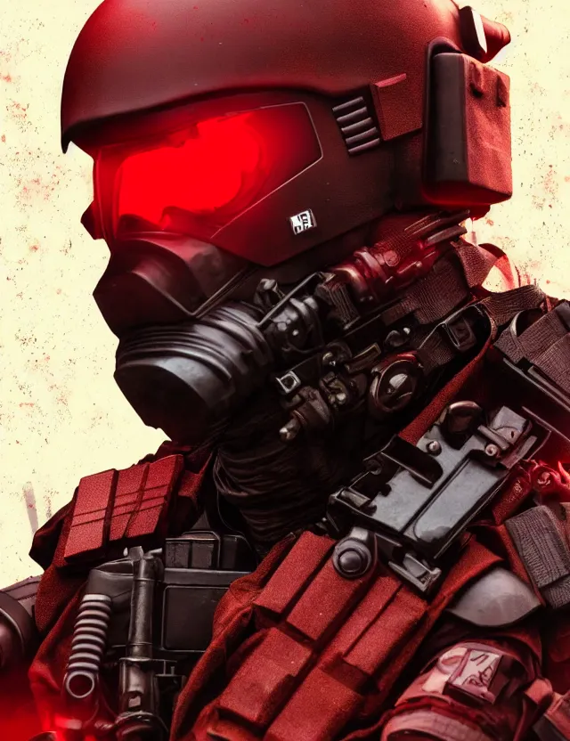 Image similar to a detailed manga portrait of a masked special forces soldier wearing dark red advanced demon - resistant cyborg tactical gear, trending on artstation, digital art, 4 k resolution, detailed, high quality, sharp focus, hq artwork, coherent, insane detail, character portrait