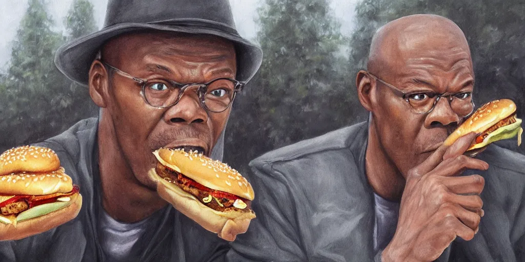 Image similar to highly detailed portrait painting of young samuel l jackson eating burger sitting on bench near moscow kremlin, balalaika, perfect symmetrical eyes, by eddie mendoza and tyler edlin, 8 k resolution