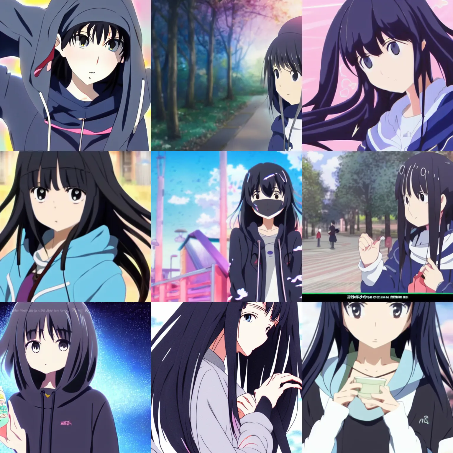 Prompt: black haired girl wearing hoodie, key visual kyoto animation style