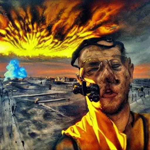 Prompt: armageddon they will be dead and we go to paradise, funny and frightened ukrainian burned to bones in dirty yellow and blue rags on the background of a huge nuclear explosion hyperrealism, selfie