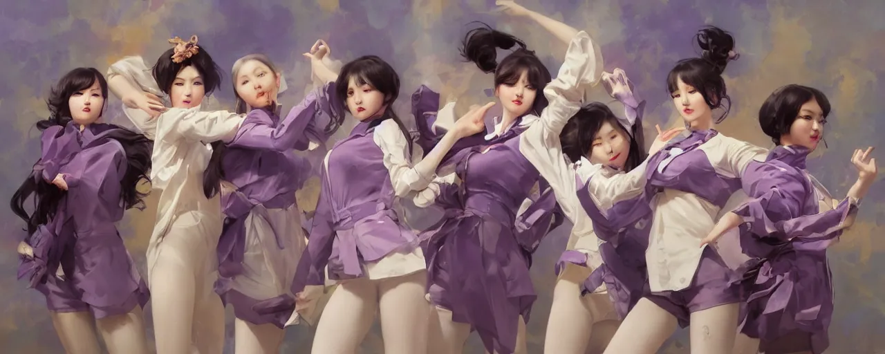 Prompt: Full View of Eunha and other girls from Viviz and gFriend wearing a purple military uniform and short puffy pants, white leggings, Golden Ribbon, and a billowy scarf. Rhythmic gymnastics poses. masterpiece 4k digital illustration by Ruan Jia and Mandy Jurgens and Artgerm and greg rutkowski, award winning, Artstation, art nouveau aesthetic, Alphonse Mucha background, intricate details, realistic, panoramic view, Hyperdetailed, 8k resolution, intricate art nouveau