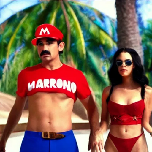 Image similar to Mario in a red hat in the style of Harmony Korine Spring Breakers spring break forever film aesthetic!!!