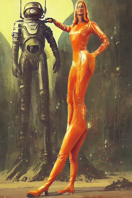 Prompt: pulp scifi fantasy illustration full body portrait of elegant woman wearing latex spacesuit standing beside huge martian, by norman rockwell, jack kirby, bergey, craig mullins, ruan jia, jeremy mann, tom lovell, 5 0 s, astounding stories, fantasy