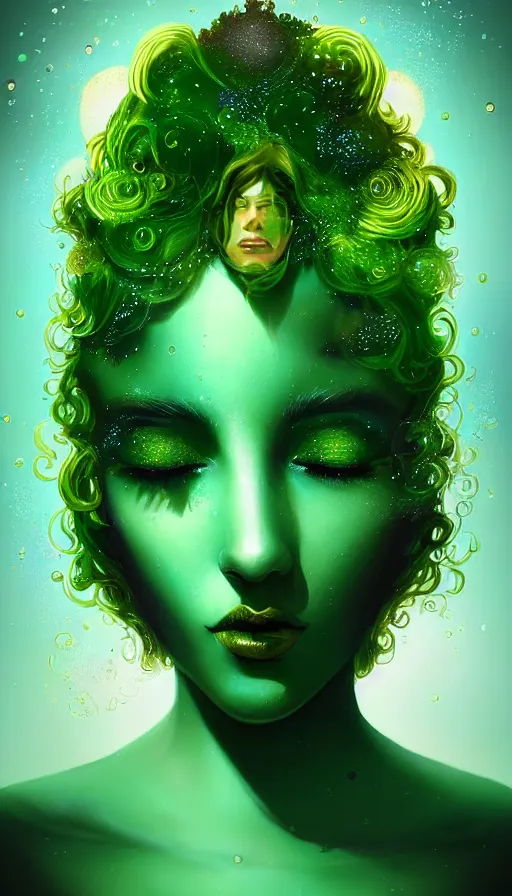 Prompt: portrait of magical green dj , dark fantasy, gradient green black, dreamy and ethereal, (colour) eyes, one head, golden ratio, peaceful expression, ornate frilly dress, fantasy, intricate, elegant, rainbow bubbles, highly detailed, digital painting, artstation, concept art, smooth,b sharp focus, illustration, art by artgerm and greg rutkowski and alphonse mucha