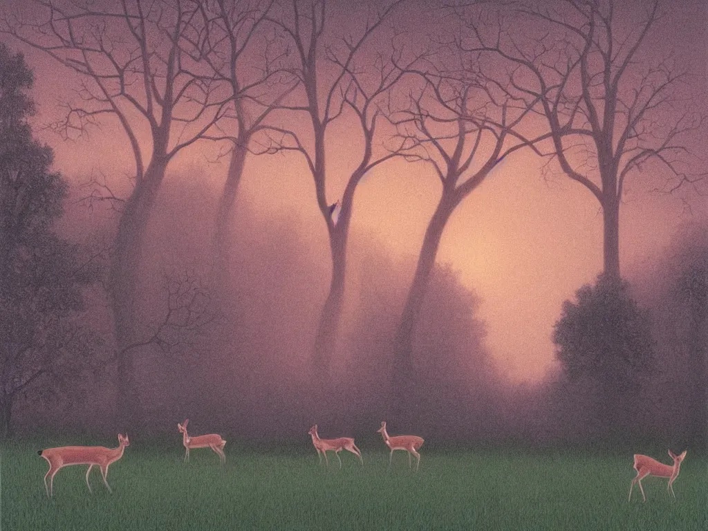 Prompt: young deer on a lawn of a suburban house, at eerie dusk, soft pink surreal light, by quint buchholz and by dean ellis