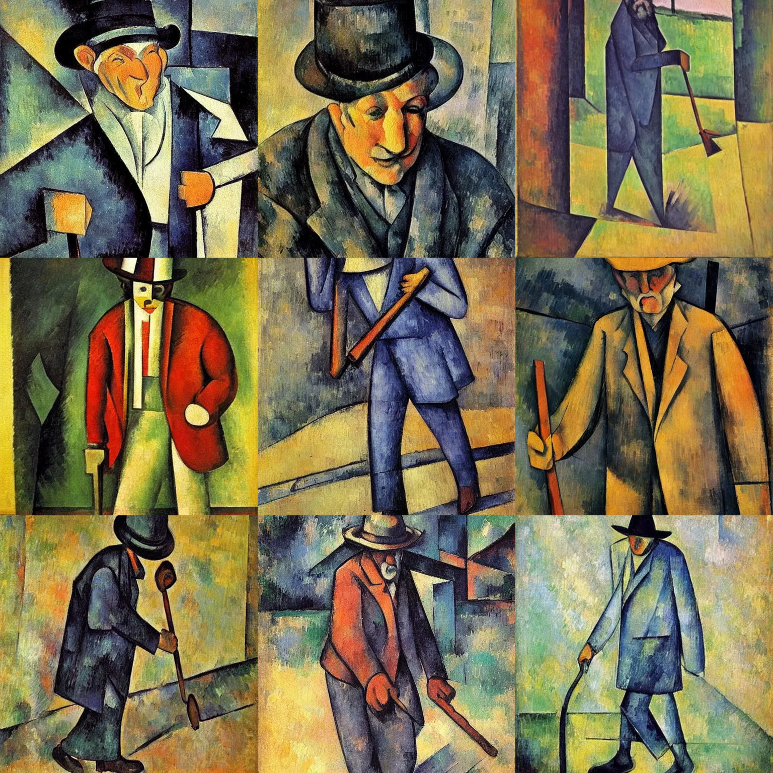 Prompt: a painting depicting an old man holding a hat and walking stick, a cubist painting by cezanne, featured on pinterest, synthetism, picasso, fresco, detailed painting