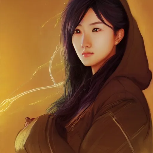 Image similar to asian lightning goddess, lifelike, portrait, wearing a hoodie and modern clothing, looking at viewer, highly detailed, digital painting, artstation, concept art, sharp focus, illustration, cinematic lighting, art by artgerm and greg rutkowski and alphonse mucha