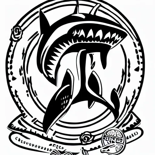 Image similar to Shark and guitar, roses and coins on the background logo, black and white