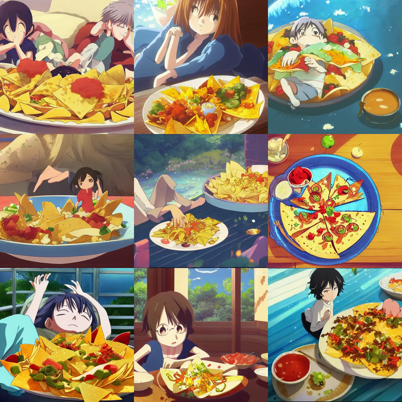 Prompt: beautiful anime illustration of plate of nachos, relaxing, calm, cozy, peaceful, by mamoru hosoda, hayao miyazaki, makoto shinkai