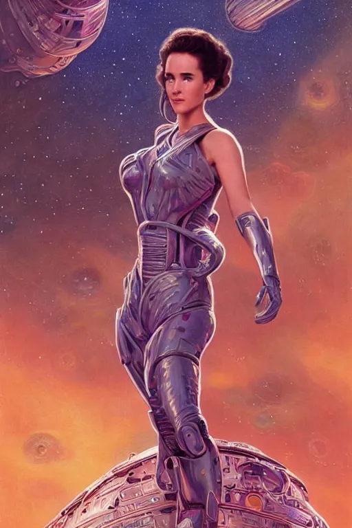 Image similar to young Jennifer Connelly as a stunning , beautiful retro SCI-FI space heroine 1985 , intricate, elegant, highly detailed, centered, digital painting, trending on artstation, concept art, smooth, sharp focus, illustration, art by artgerm and donato giancola and Joseph Christian Leyendecker, Ross Tran, WLOP