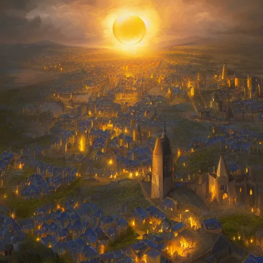 Image similar to aerial view of a medieval town lit by a glowing orb hanging far above the town. by alan lee by peter mohrbacher, trending on artstation sharp focus vfx key shot