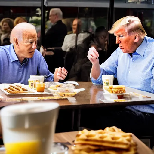 Image similar to trump and Biden sitting and eating breakfast at a Wafflehouse