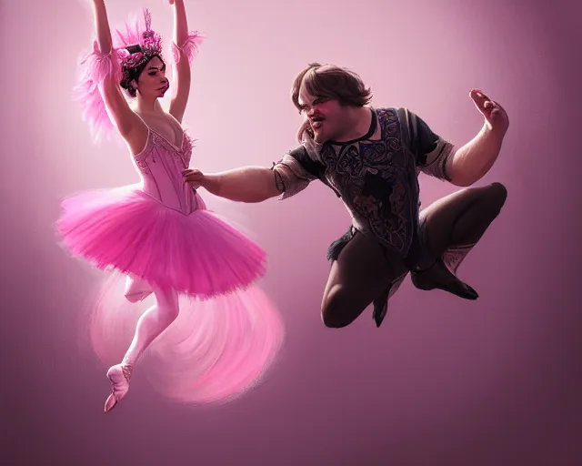 Image similar to photography of jack black dancing in a pink ballerina outfit, full body shot, deep focus, d & d and mtg, fantasy, intricate, elegant, highly detailed, digital painting, artstation, concept art, matte, sharp focus, illustration, hearthstone, art by artgerm and greg rutkowski and alphonse mucha