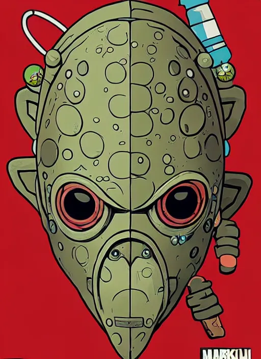 Image similar to biopunk goron mask link from zelda!! portrait illustration, pop art, splash painting, art by geof darrow, ashley wood, alphonse mucha, makoto shinkai