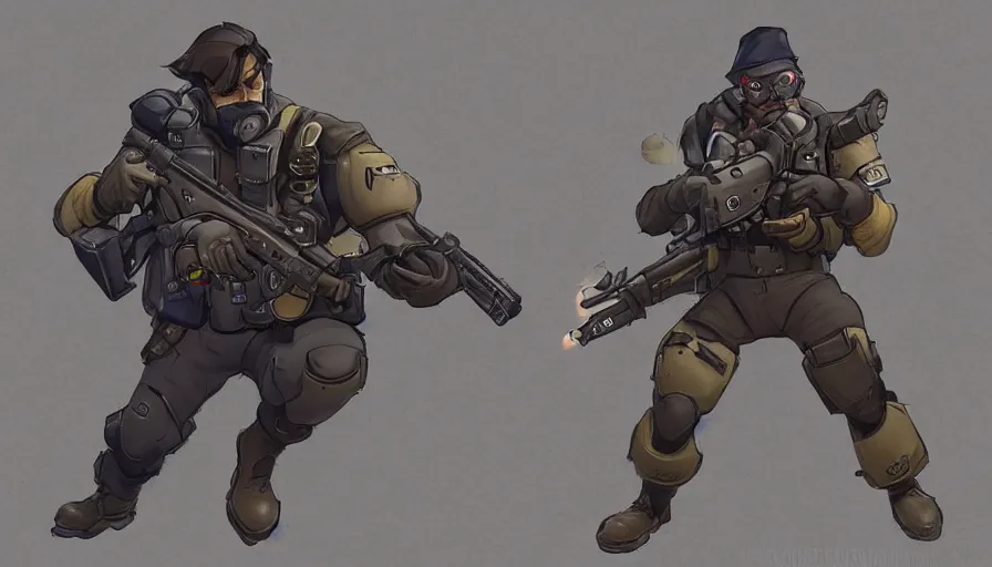 Prompt: Concept art for new Overwatch character: The Saboteur, French Special Ops, Short, Nimble, Sly, Silenced Five-Seven Pistol is his Main Weapon, Uses Explosives, Charge Explosives, C4 Explosive, Roguish, Hand Grenades, Undead theme, Martyrdom, Dark Humor, Widowmaker's former lover, Cursed, Immortal, Male, Rugged, Daggers, High-tech, Fast, Black and Green