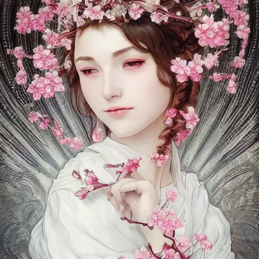 Image similar to a photograpic portrait of a anthropomorphic cherry - blossom wearing white clothes, fantasy, intricate, elegant, highly detailed, digital painting, artstation, concept art, smooth, sharp focus, illustration, art by artgerm and h r giger and alphonse mucha