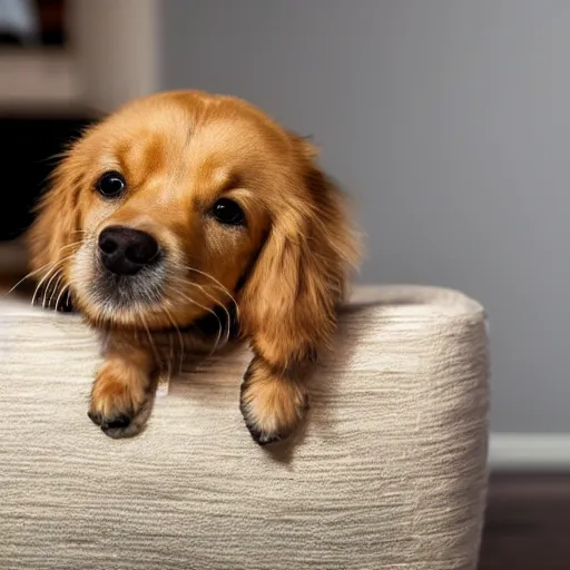 Image similar to microscopic dog sitting on a large peanut