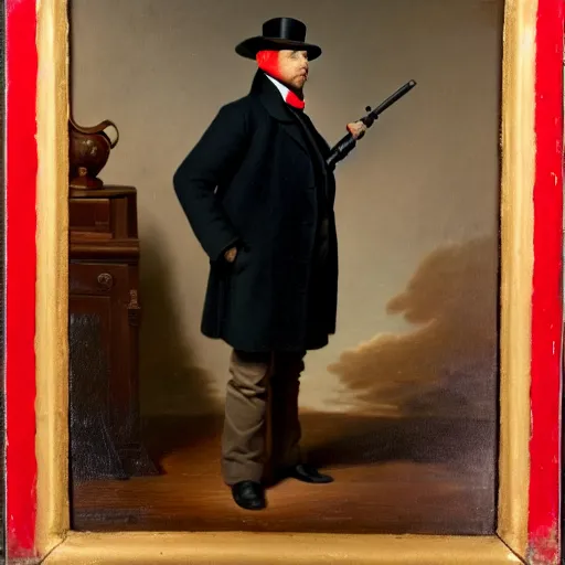 Prompt: a man in a red hat, red coat, with a 1 9 th century pistol in a holster. his face is not visible. red hat is flat and wide. red coat have some metallic buttons, pockets, and paintings on it.