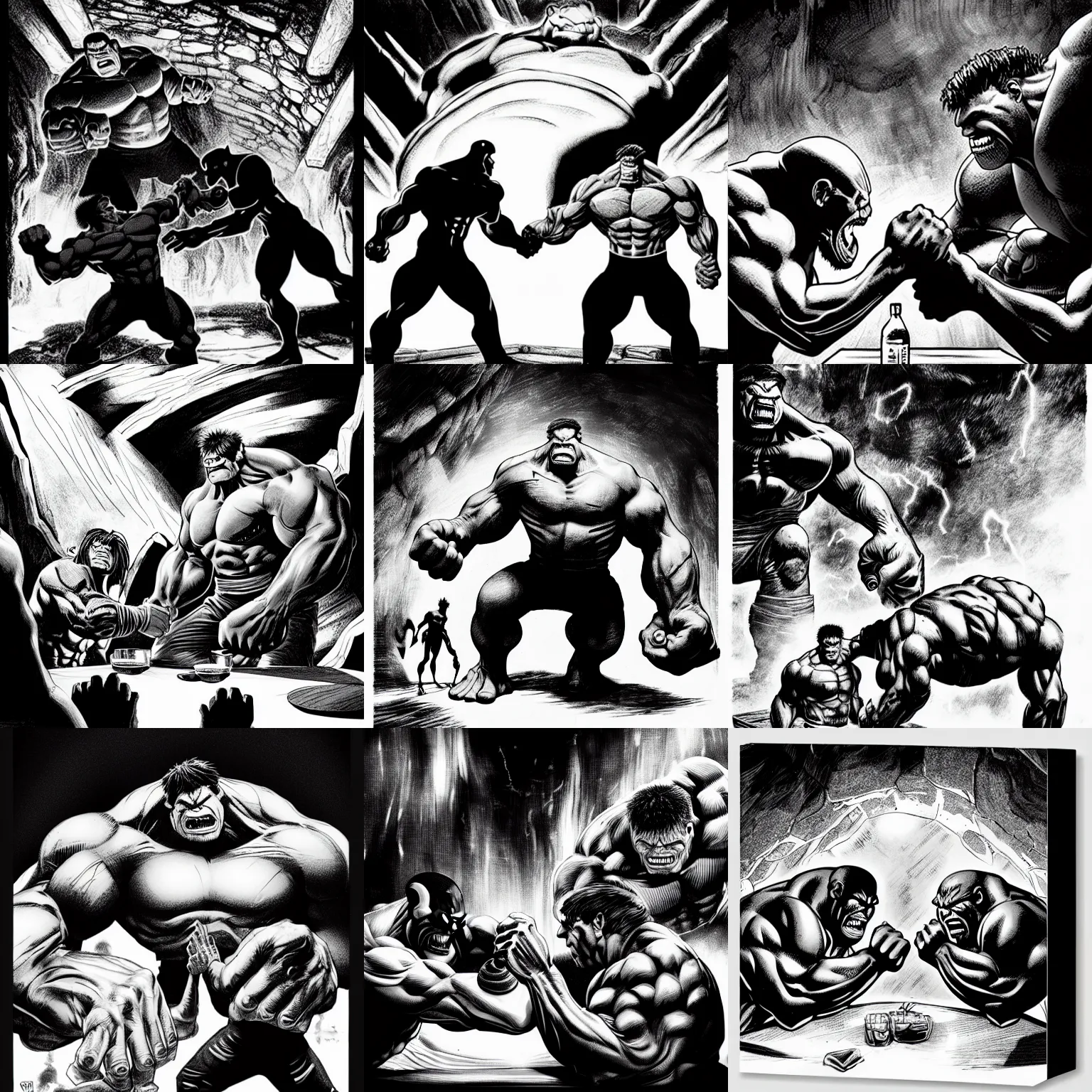 Prompt: black and white thanos plays arm wrestling with the hulk at a broken table in a cave, by tsutomu nihei, cimematic, black and white, old cave with slime background