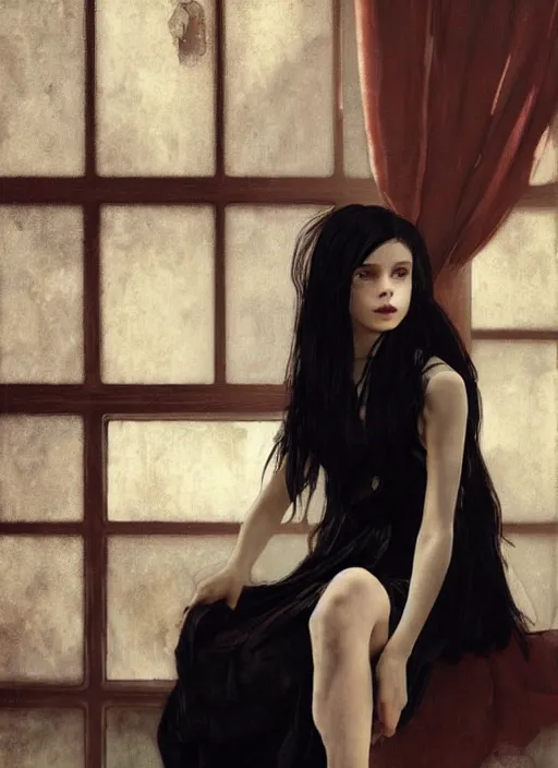 Prompt: a lonely young girl eveline from resident evil 7 with straight long black hair wearing black dress that sitting on bathroom floor, photo for vogue, model エリサヘス s from acquamodels, art by artgem, greg rutkowski and alphonse mucha