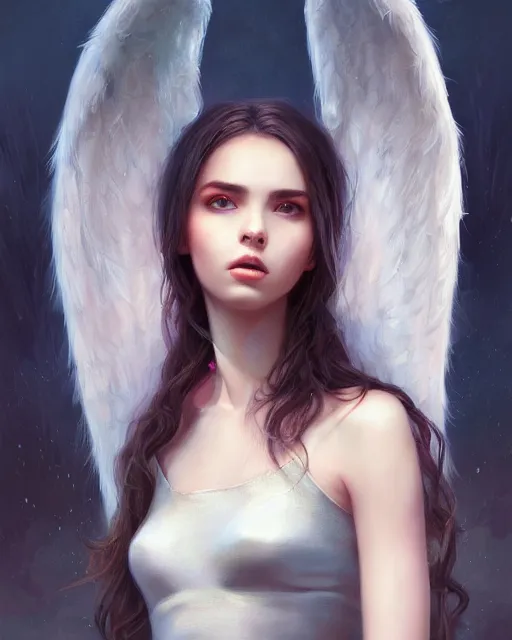 Prompt: beautiful angel girl portrait, casual crop top, platinum wings, highly detailed, d & d, fantasy, highly detailed, digital painting, trending on artstation, concept art, sharp focus, illustration, art by artgerm and greg rutkowski and fuji choko and viktoria gavrilenko and hoang lap