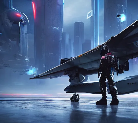 Image similar to fighter pilot stands beside futuristic sci fi fighter jet grounded at runway of cyberpunk city ,dark cinematic lighting , digital concept art