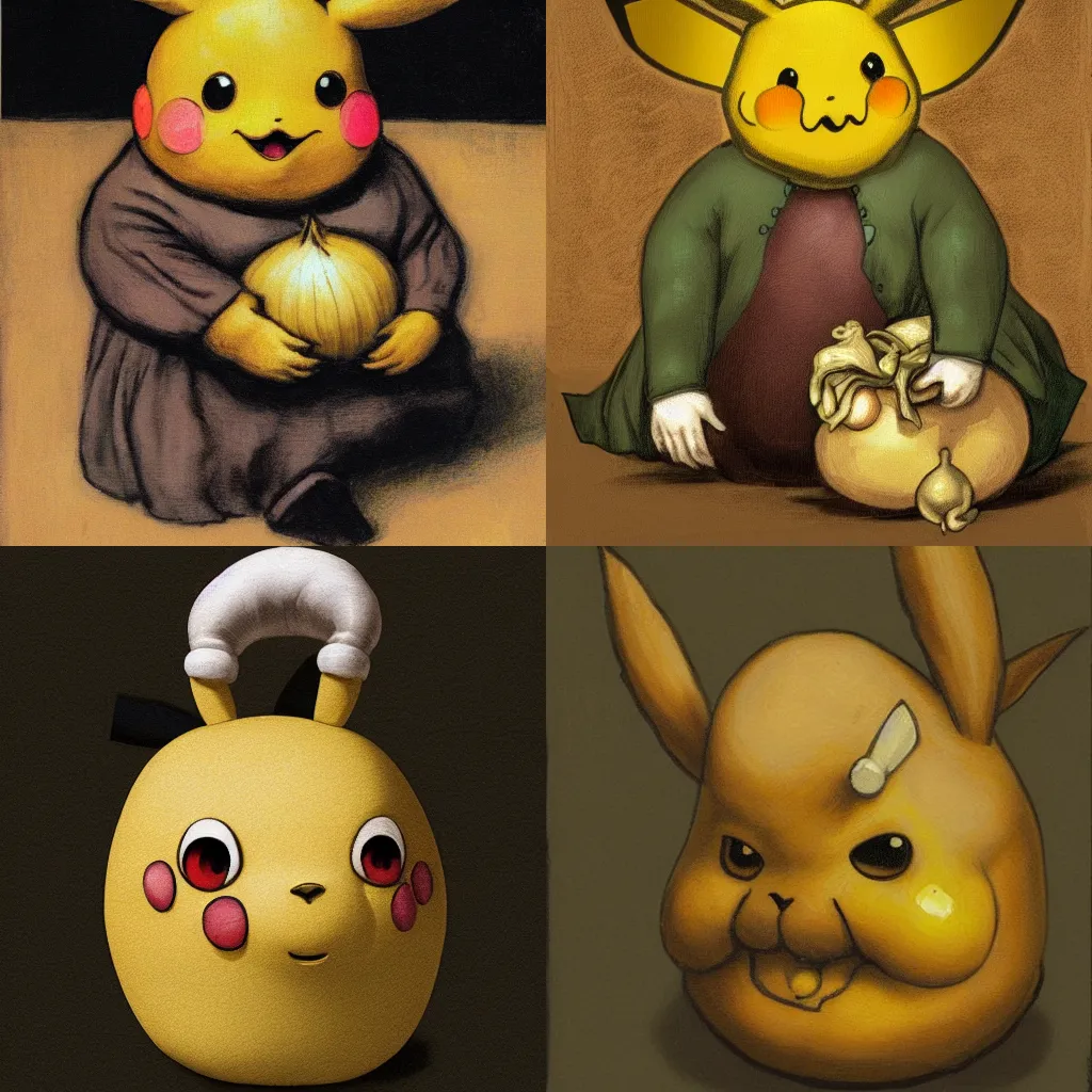 Prompt: onion pikachu portrait, baroque painting, gnarled obese head